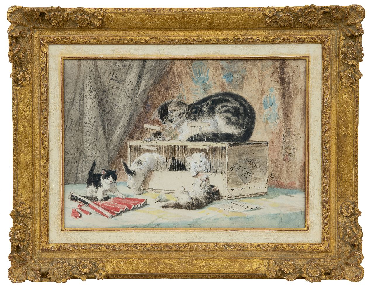 Ronner-Knip H.  | Henriette Ronner-Knip | Aquarelle und Zeichnungen zum Verkauf angeboten | Eine Katze und Kätzchen spielen mit einem Vogelkäfig, Aquarell auf Papier 30,0 x 55,0 cm, Unterzeichnet u.r.