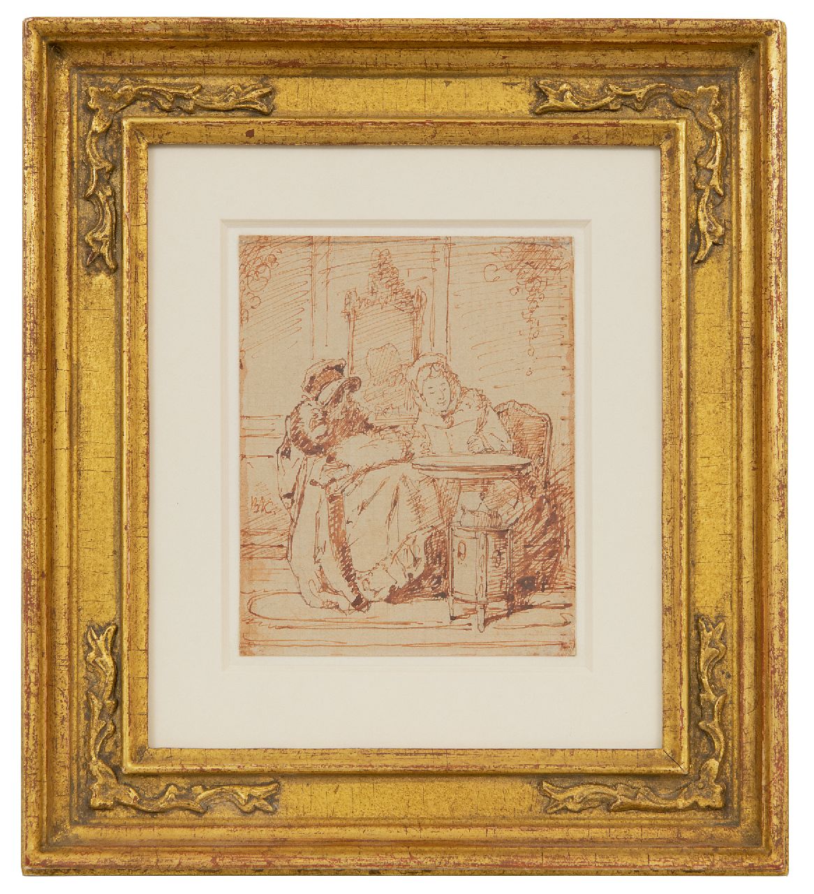 Bakker Korff A.H.  | Alexander Hugo Bakker Korff | Aquarelle und Zeichnungen zum Verkauf angeboten | Lesen des Briefes, Bleistift, Feder und Tinte auf Papier 11,0 x 8,8 cm, Unterzeichnet l.m. mit Monogramm