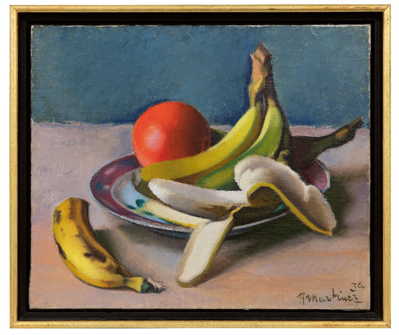Martinez R.  | Raoul Martinez | Gemälde zum Verkauf angeboten | Stilleben mit Bananen und Orange, Öl auf Leinwand 35,3 x 42,3 cm, Unterzeichnet u.r. und datiert '36