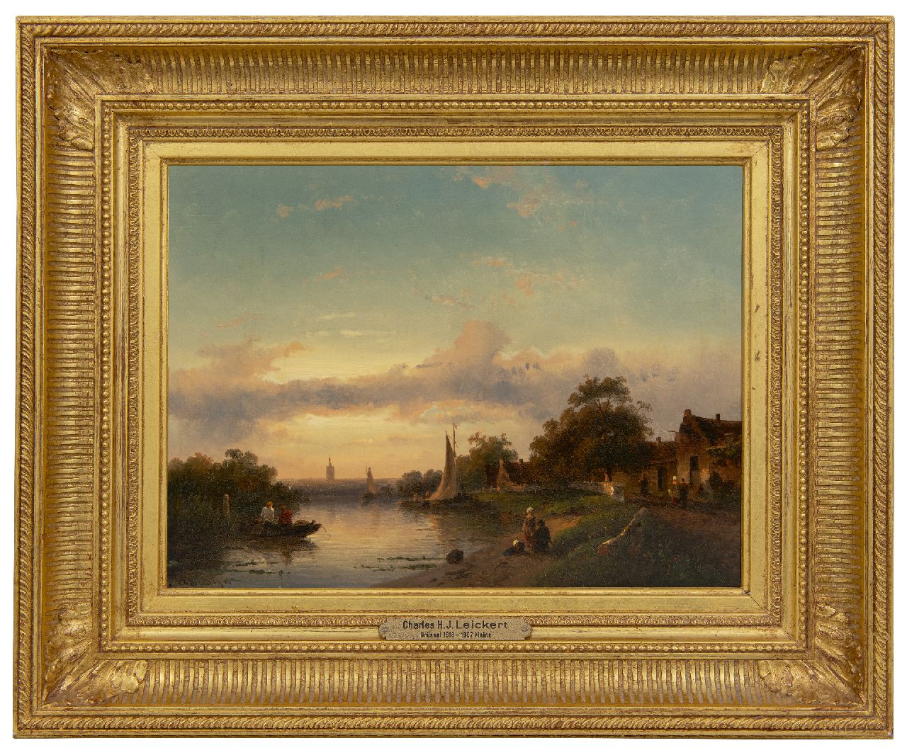 Leickert C.H.J.  | 'Charles' Henri Joseph Leickert | Gemälde zum Verkauf angeboten | Flussansicht bei Sonnenuntergang, Öl auf Holz 23,0 x 31,6 cm, Unterzeichnet u.l. und datiert '54