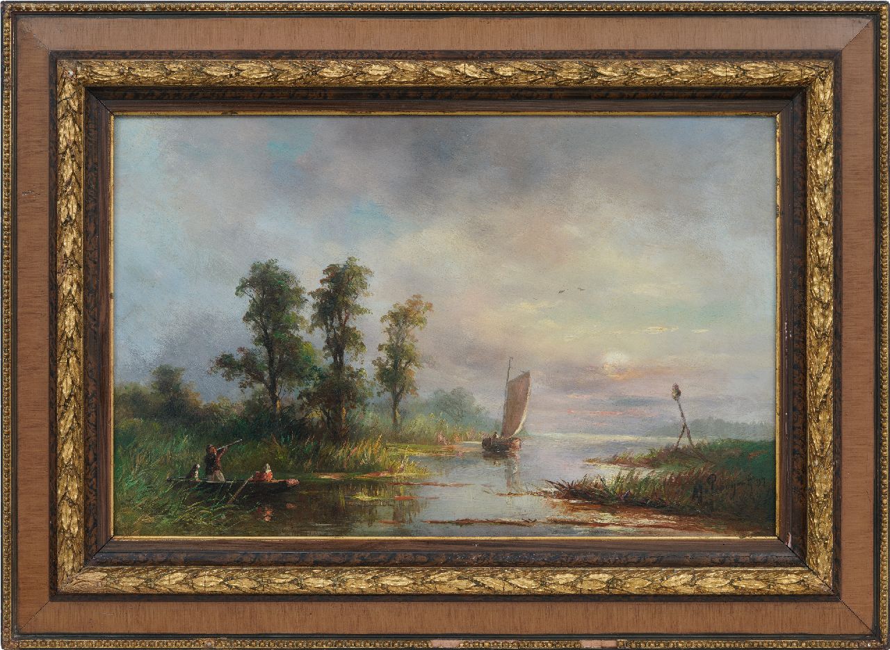 Prooijen A.J. van | Albert Jurardus van Prooijen, Seelandschaft mit Jäger und Segelschiff, Öl auf Holz 38,0 x 60,2 cm, Unterzeichnet u.r. und datiert '97