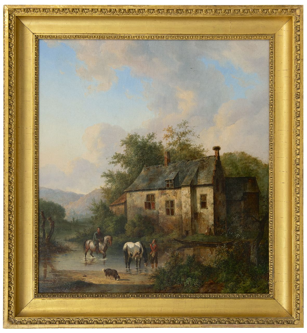 Verschuur W.  | Wouterus Verschuur, Blick auf die'Leenkamer' von Kasteel Stapelen in Boxtel mit Hund, Pferden und Reitern, Öl auf Leinwand 70,5 x 63,7 cm, Unterzeichnet u.l.