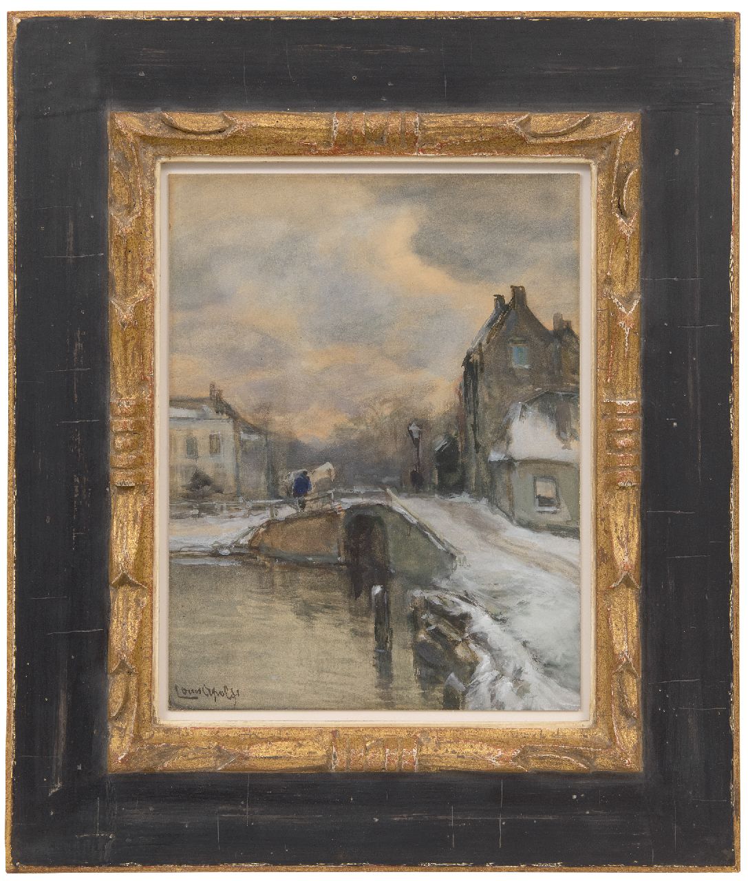 Apol L.F.H.  | Lodewijk Franciscus Hendrik 'Louis' Apol | Aquarelle und Zeichnungen zum Verkauf angeboten | Holländischer Dorfkanal im Schnee, Aquarell auf Papier auf Holzfaserplatte 28,7 x 22,1 cm, Unterzeichnet u.l.