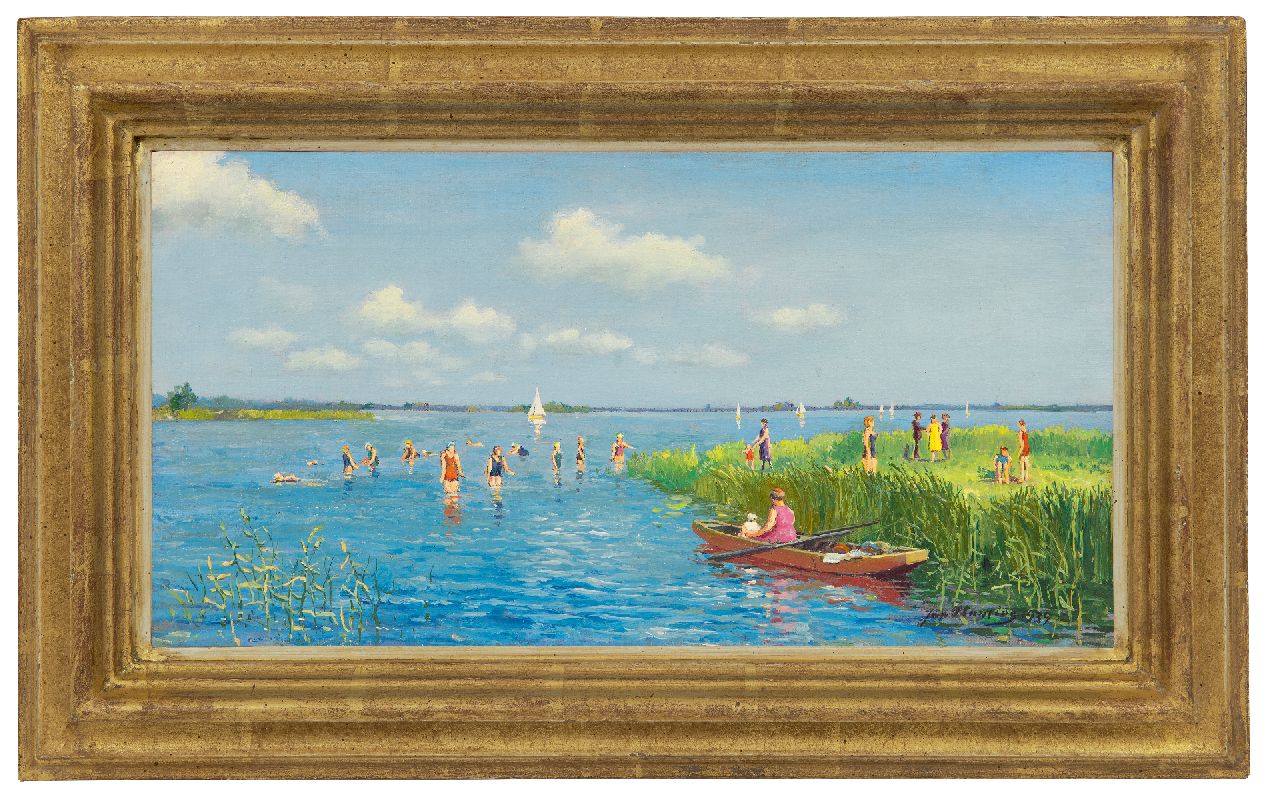 Planting J.  | Jan Planting, Badespaß im Sommer bei De Leien in Friesland, Öl auf Leinwand 19,6 x 37,1 cm, Unterzeichnet u.r. und datiert 1939