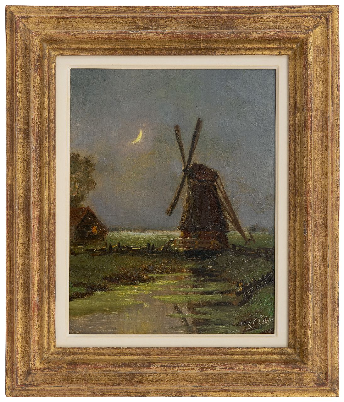 Pieters E.  | Evert Pieters | Gemälde zum Verkauf angeboten | Windmühle bei Nacht, Öl auf Holz 24,6 x 19,0 cm, Unterzeichnet u.r.