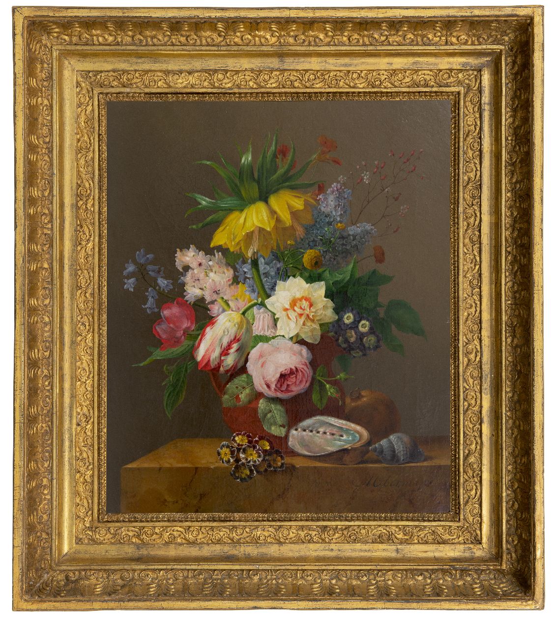 Oberman A.  | Anthony Oberman | Gemälde zum Verkauf angeboten | Ein Stillleben mit Blumen, Granatapfel und Muscheln auf einem Marmorsims, Öl auf Leinwand 47,0 x 39,5 cm, Unterzeichnet u.r.