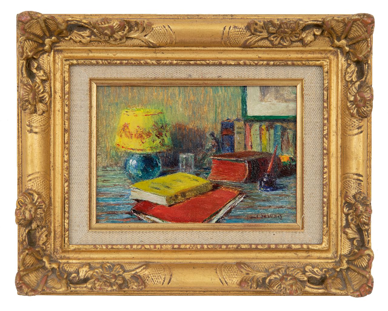 Gervais P.J.L.  | Paul Jean Louis Gervais, Stillleben mit Büchern und Lampe, Öl auf Holz 10,1 x 14,3 cm, Unterzeichnet u.r.