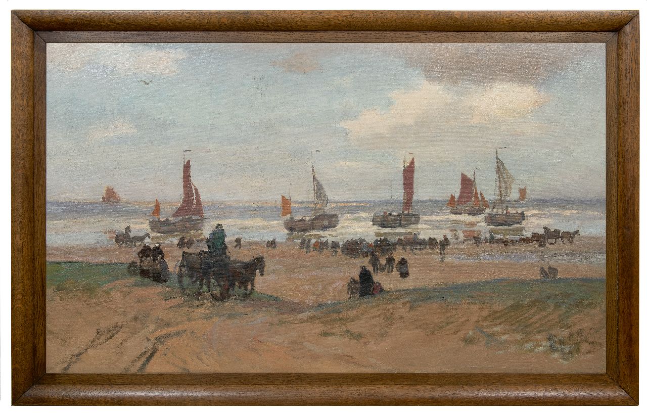 Sluiter J.W.  | Jan Willem 'Willy' Sluiter | Gemälde zum Verkauf angeboten | Warten auf den Fang am Strand von Katwijk aan Zee, Öl auf Leinwand 89,0 x 149,5 cm, Unterzeichnet auf Keilrahmen und zu datieren um 1898-1909