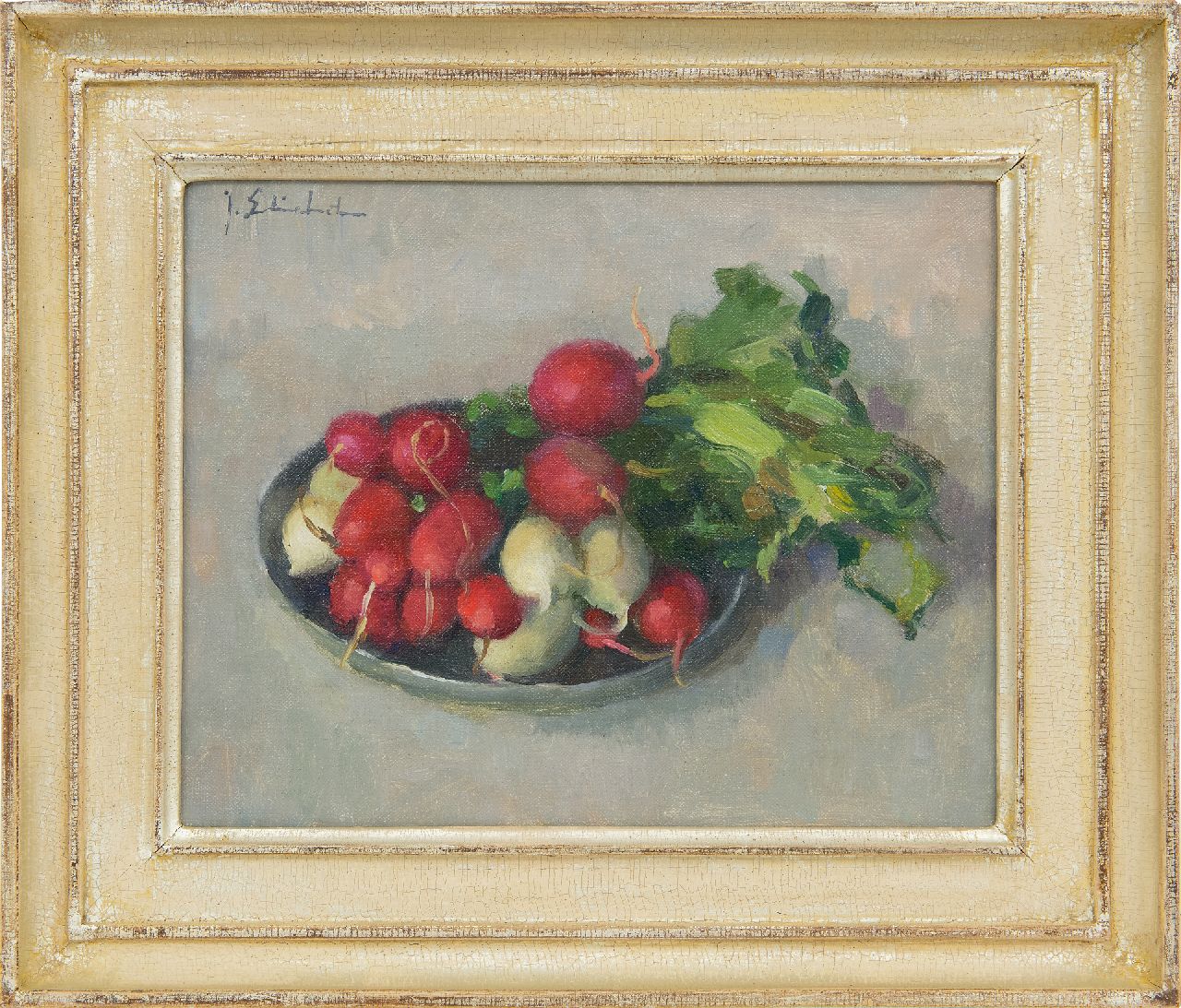 Stierhout J.A.U.  | Josephus Antonius Ubaldus 'Joop' Stierhout, Rote und weisse Radieschen auf einer Schüssel, Öl auf Leinwand 20,1 x 25,3 cm, Unterzeichnet o.l.