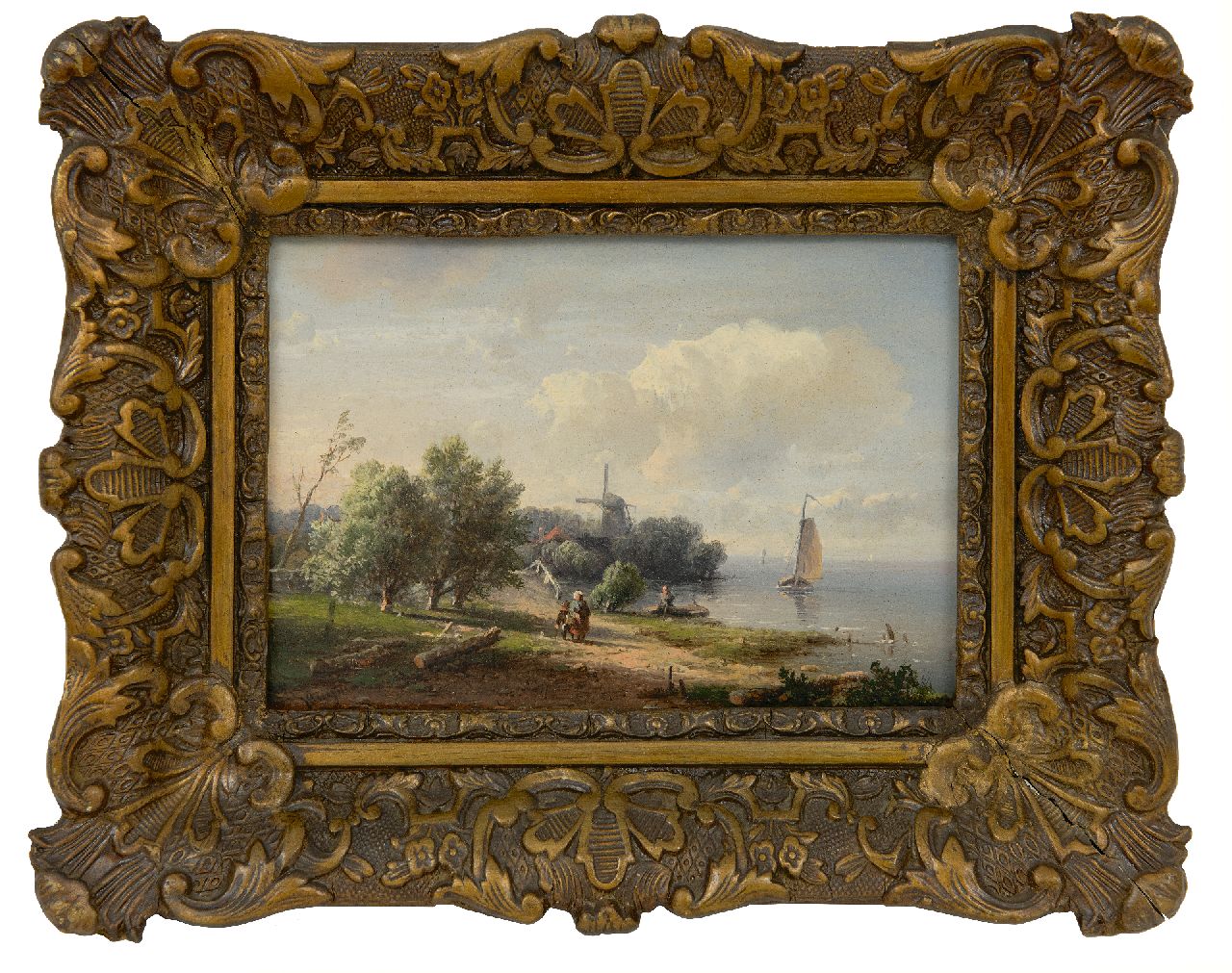 Kluyver P.L.F.  | 'Pieter' Lodewijk Francisco Kluyver | Gemälde zum Verkauf angeboten | Sommerlandschaft mit Figuren und Mühle am Wasser, Öl auf Holz 13,2 x 18,5 cm, Unterzeichnet u.l.