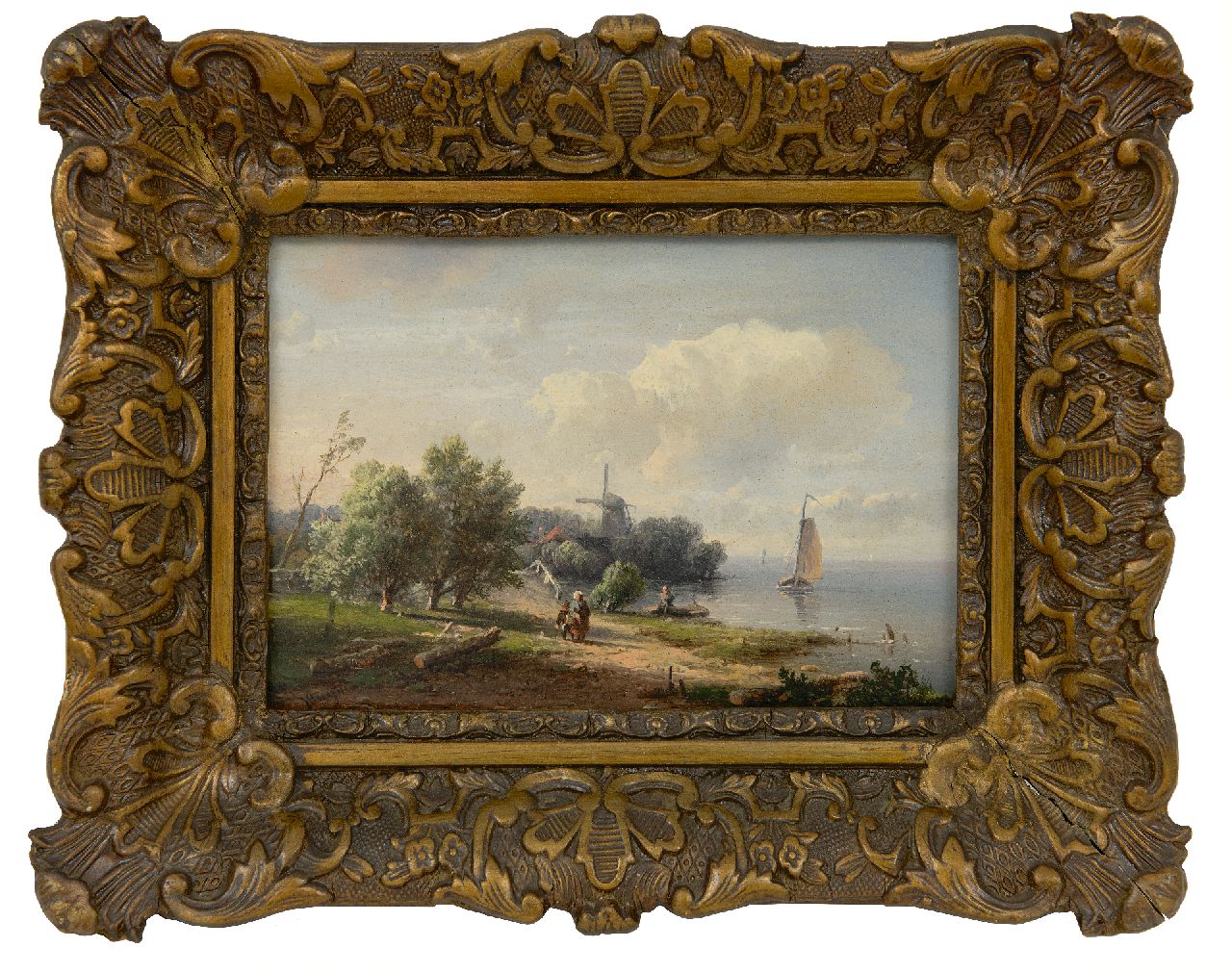 Kluyver P.L.F.  | 'Pieter' Lodewijk Francisco Kluyver | Gemälde zum Verkauf angeboten | Sommerlandschaft mit Figuren und Mühle am Wasser, Öl auf Holz 13,2 x 18,5 cm, Unterzeichnet u.l.