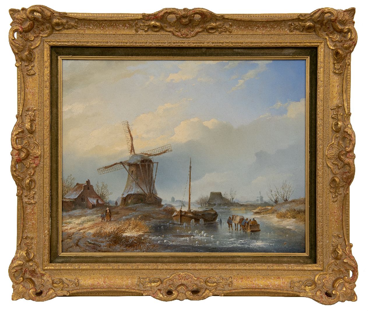Hilverdink J.  | Johannes Hilverdink, Ein kalter Wintertag mit Figuren auf dem Eis bei einer Windmühle, Öl auf Leinwand 40,0 x 50,5 cm, Unterzeichnet u.l. und datiert 1842