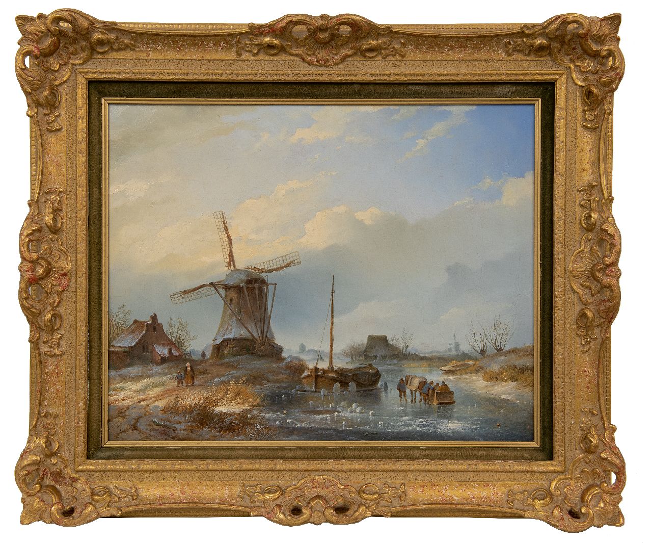 Hilverdink J.  | Johannes Hilverdink | Gemälde zum Verkauf angeboten | Ein kalter Wintertag mit Figuren auf dem Eis bei einer Windmühle, Öl auf Leinwand 40,0 x 50,5 cm, Unterzeichnet u.l. und datiert 1842