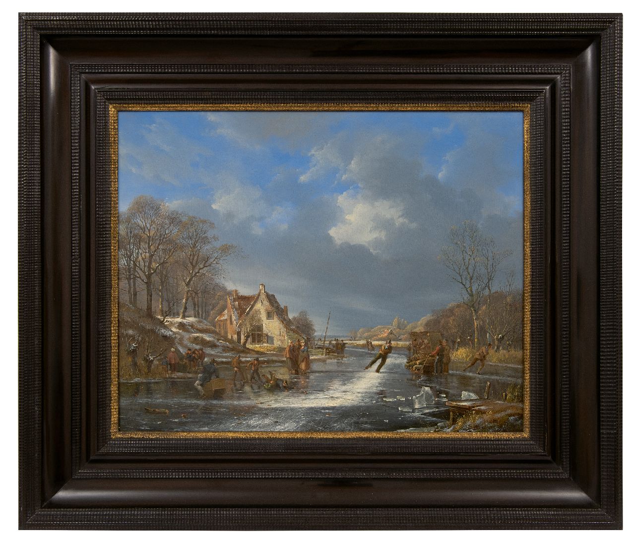 Cate H.G. ten | Hendrik Gerrit ten Cate | Gemälde zum Verkauf angeboten | Winteransicht mit Schlittschuhläufern und Jungen auf dem Eis, Öl auf Holz 39,0 x 49,0 cm