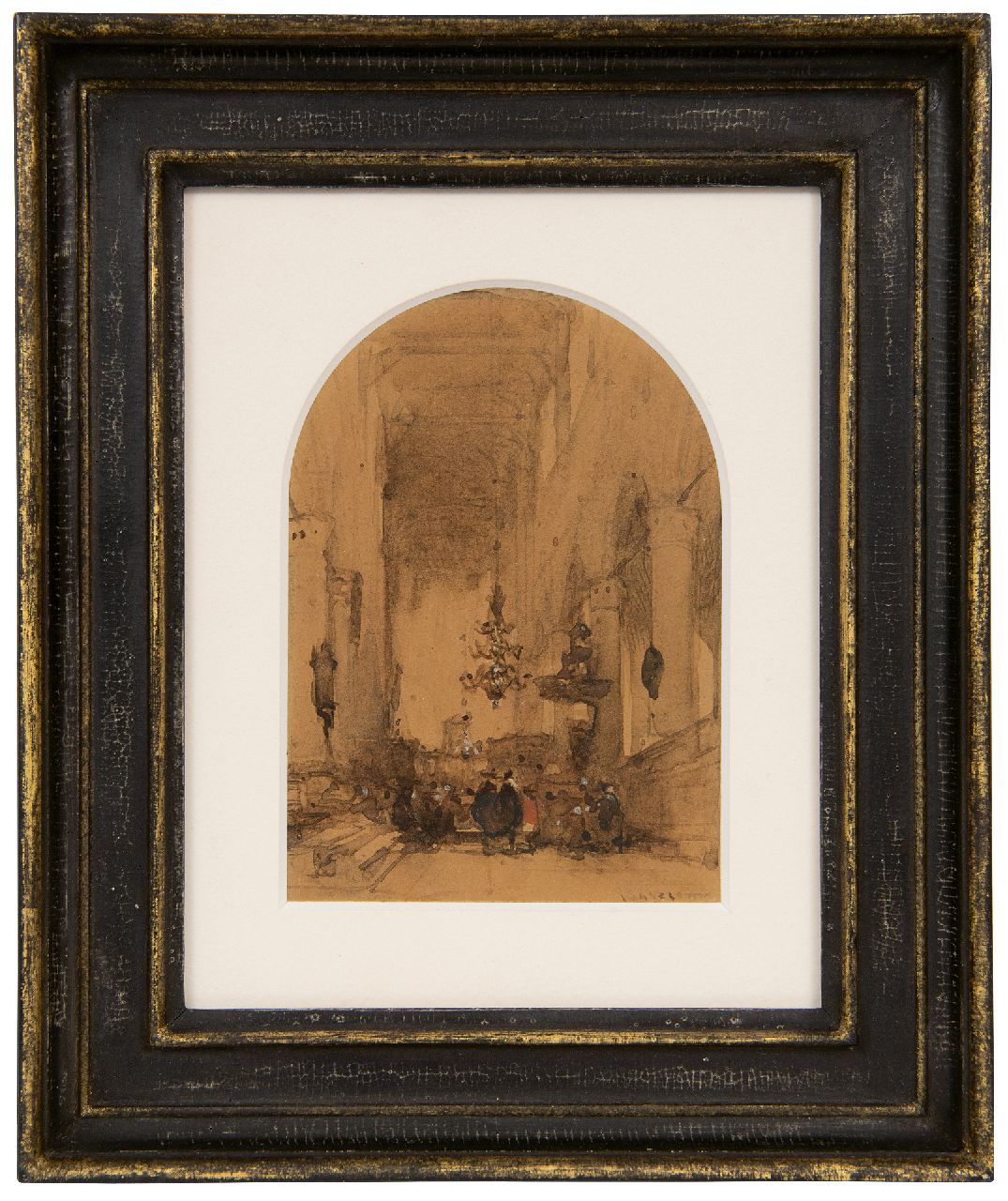 Bosboom J.  | Johannes Bosboom | Aquarelle und Zeichnungen zum Verkauf angeboten | Figuren im Pieterskerk, Leiden, Tinte und Aquarell auf Papier 11,9 x 8,4 cm, Unterzeichnet u.r.