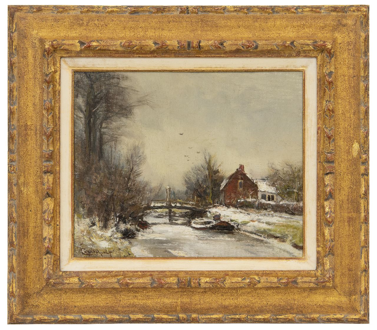 Apol L.F.H.  | Lodewijk Franciscus Hendrik 'Louis' Apol, Haus an einem Kanal im Schnee, Öl auf Holzfaser 25,1 x 30,5 cm, Unterzeichnet u.l.