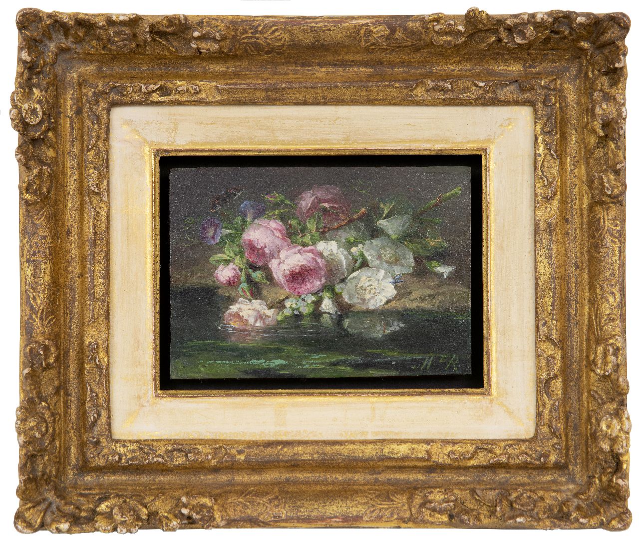 Roosenboom M.C.J.W.H.  | 'Margaretha' Cornelia Johanna Wilhelmina Henriëtta Roosenboom, Rosen auf dem Waldboden, Öl auf Holz 9,0 x 12,9 cm, Unterzeichnet u.r. mit Initialen