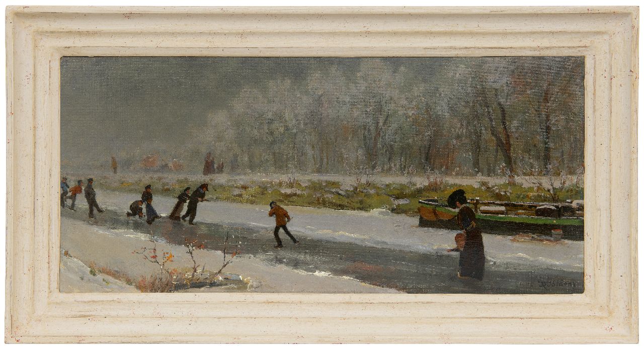 Jordens D.  | Daniël Jordens | Gemälde zum Verkauf angeboten | Skater auf einem gefrorenen Fluss, Öl auf Leinwand  auf Holzfaser 27,3 x 59,8 cm, Unterzeichnet u.r. und datiert 1909
