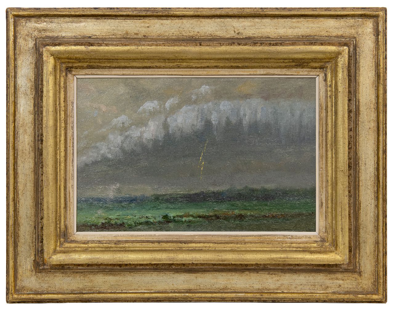 Europese School, 19e eeuw   | Europese School, 19e eeuw | Gemälde zum Verkauf angeboten | Gewitter über einer Landschaft, Öl auf Malereifaser 20,4 x 31,8 cm, Unterzeichnet u.r. (undeutlich)