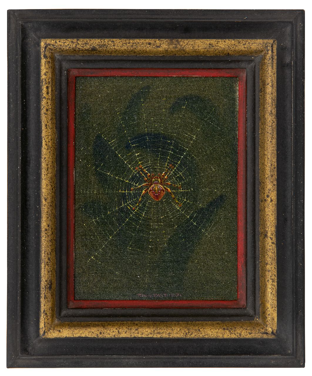 Tast (Anton van der Valk)  van | Ton van Tast (Anton van der Valk) | Gemälde zum Verkauf angeboten | Spinnen im Netz, Öl auf Leinwand auf Holz 17,5 x 13,0 cm, Unterzeichnet u.m. und datiert 1917