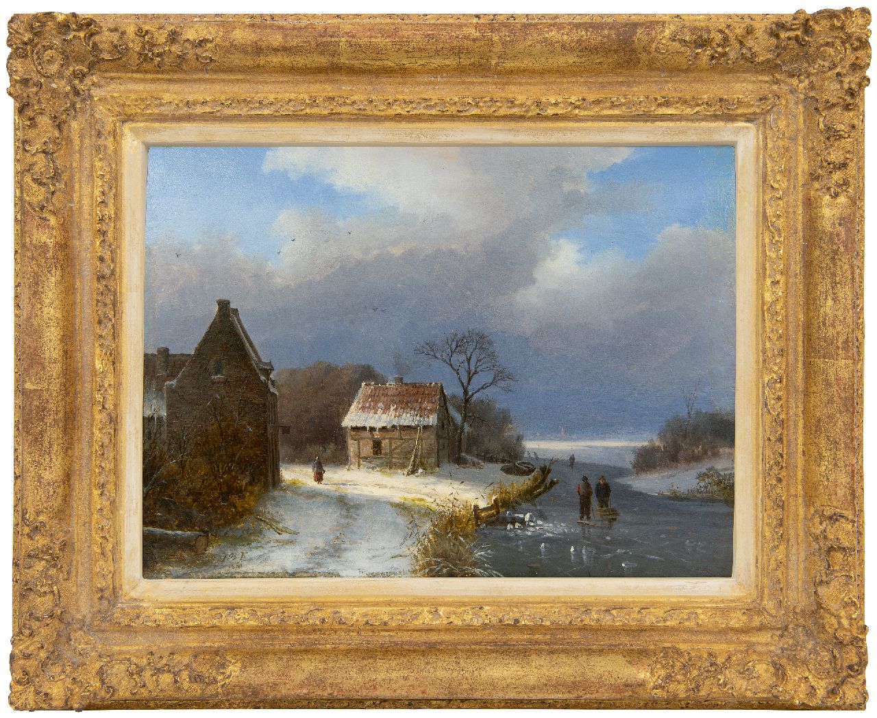 Klombeck J.B.  | Johann Bernard Klombeck | Gemälde zum Verkauf angeboten | Winterlandschaft mit Skatern und Holzsammler, Öl auf Holz 22,9 x 31,3 cm, Unterzeichnet u.l. mit Initialen und datiert 1841