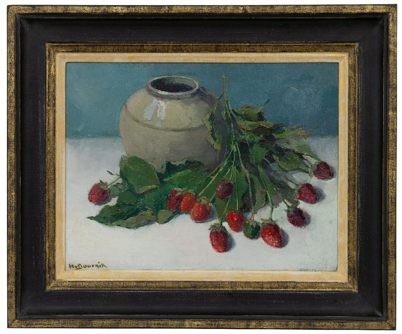 Doornik H. van | Heertje van Doornik, Stilleben mit Walderdbeeren und Ingwerglas, Öl auf Malereifaser 24,0 x 31,6 cm, Unterzeichnet u.l.