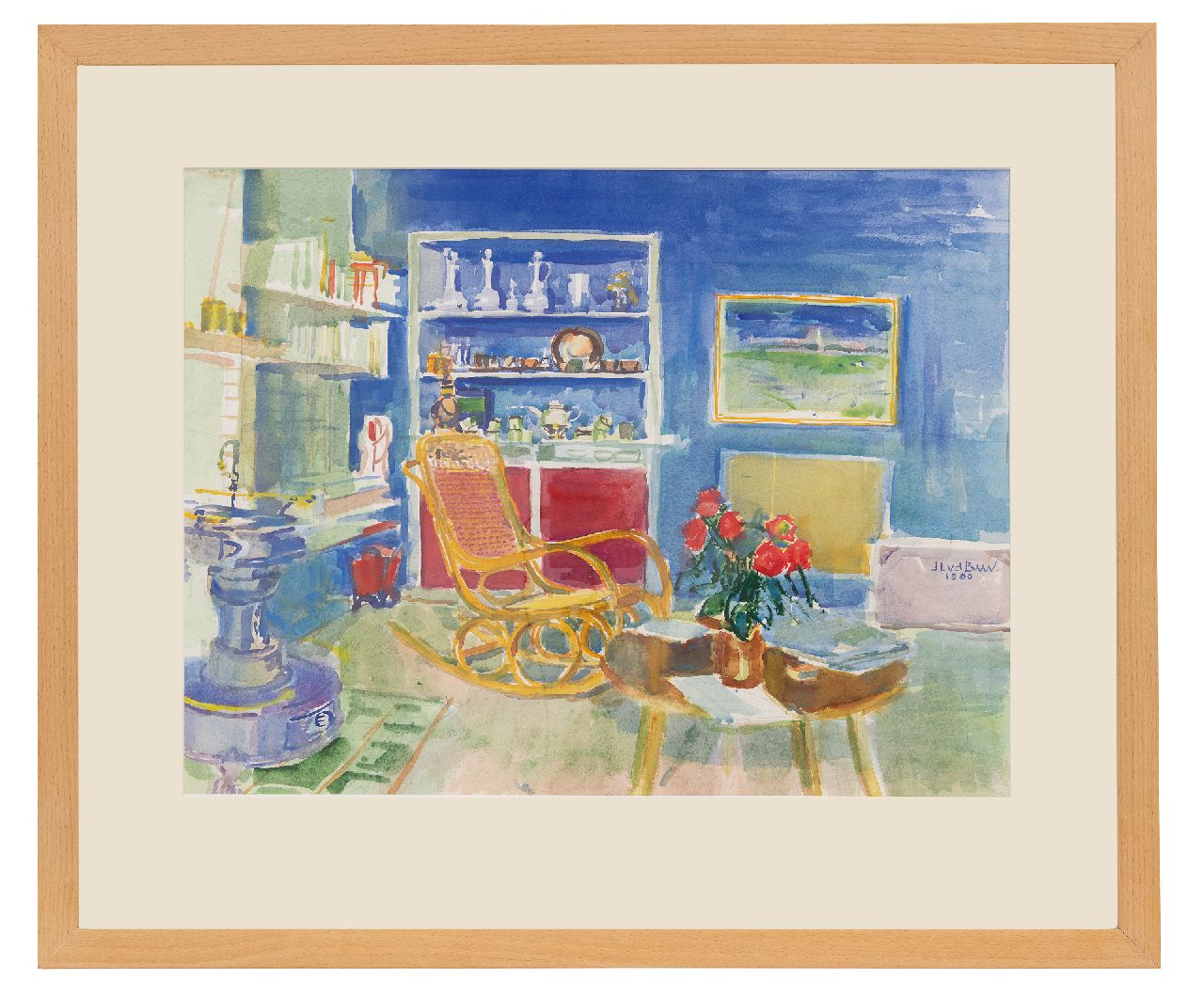 Baan J.L. van der | 'Jan' Lucas van der Baan | Aquarelle und Zeichnungen zum Verkauf angeboten | Interieur, Aquarell auf Papier 47,0 x 62,5 cm, Unterzeichnet M.r und datiert 1980