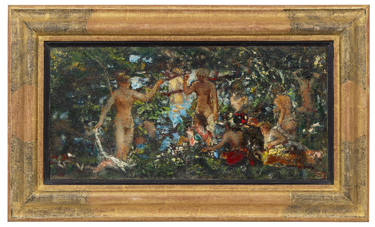 Westermann G.B.J.  | Gerhardus Bernardus Josephus 'Gerard' Westermann, Badende Frauen im Wald, Öl auf Holz 25,4 x 51,6 cm, Unterzeichnet u.r. mit Monogramm und verso datiert 1950