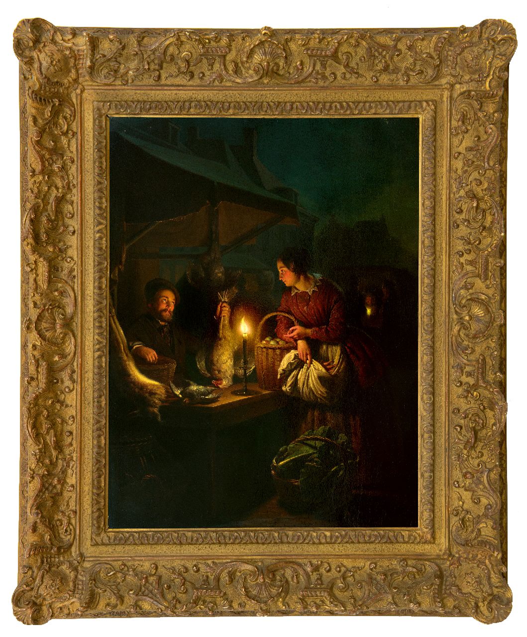 Schendel P. van | Petrus van Schendel, Wild- und Geflügelverkäufer im Kerzenlicht, Öl auf Holz 57,0 x 42,8 cm, Unterzeichnet u.r. und datiert 1856