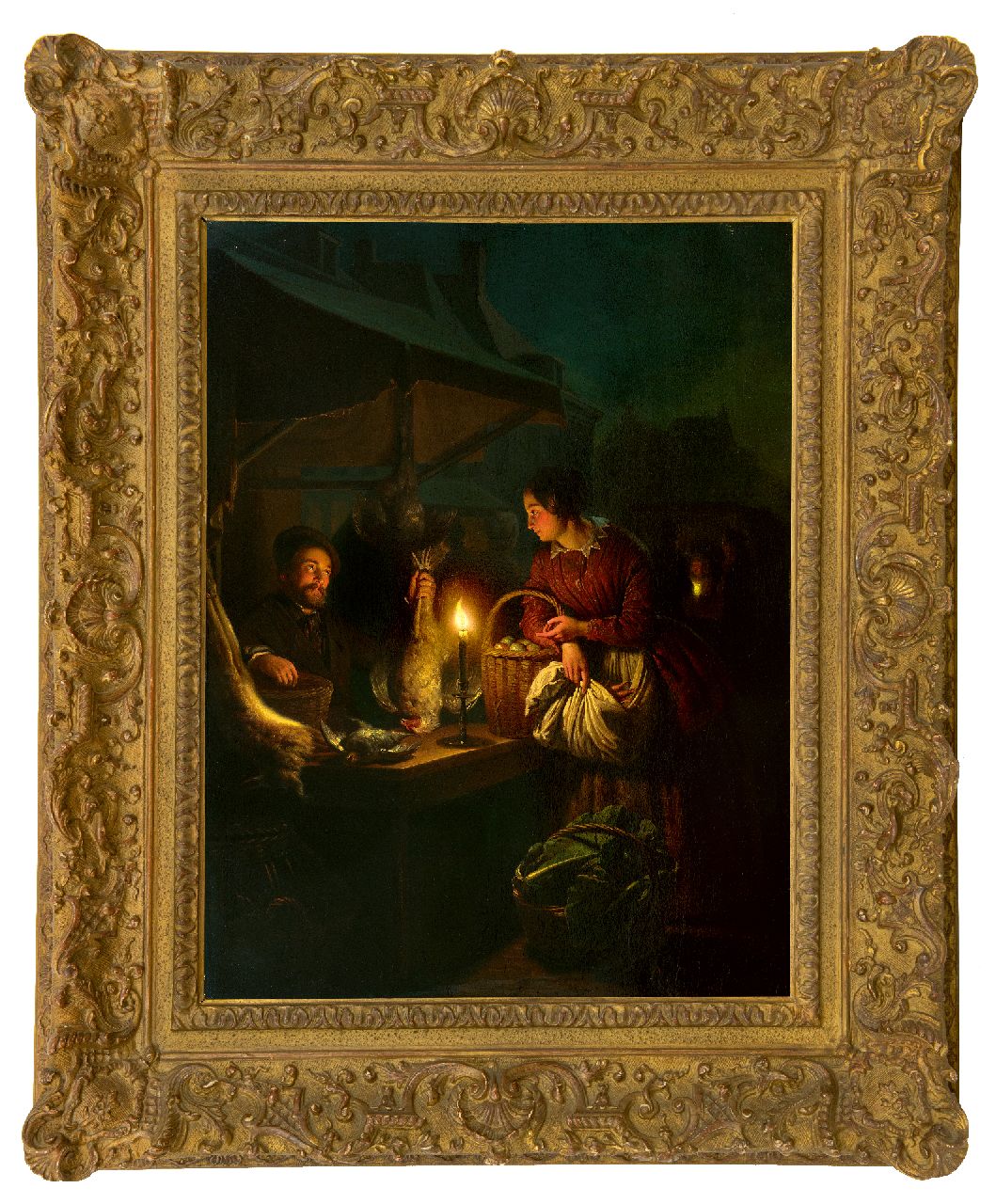 Schendel P. van | Petrus van Schendel, Wild- und Geflügelverkäufer im Kerzenlicht, Öl auf Holz 57,0 x 42,8 cm, Unterzeichnet u.r. und datiert 1856