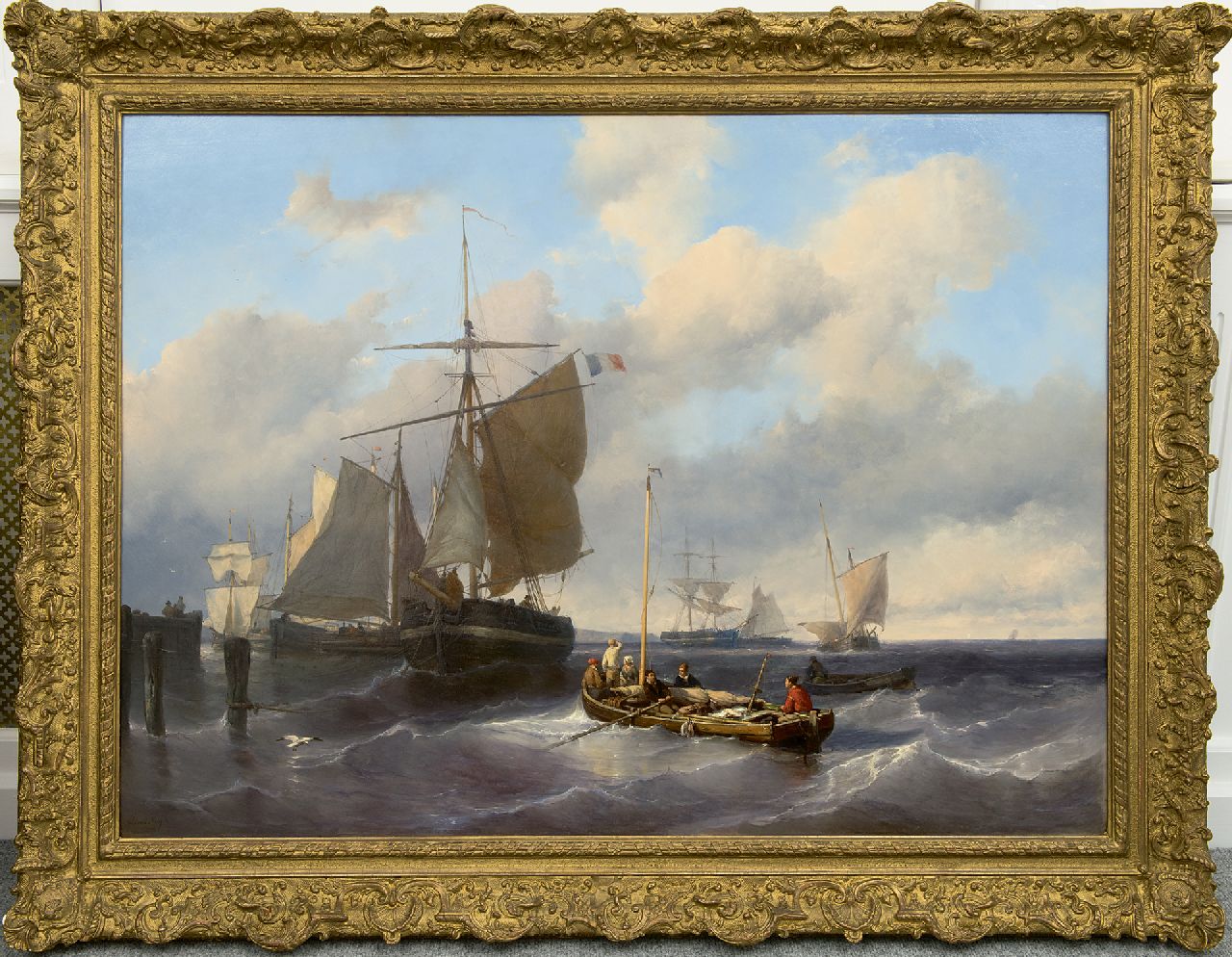 Meijer J.H.L.  | Johan Hendrik 'Louis' Meijer | Gemälde zum Verkauf angeboten | Die Segel setzen beim Hafen Eingang, Öl auf Holz 79,8 x 110,5 cm, Unterzeichnet u.l.