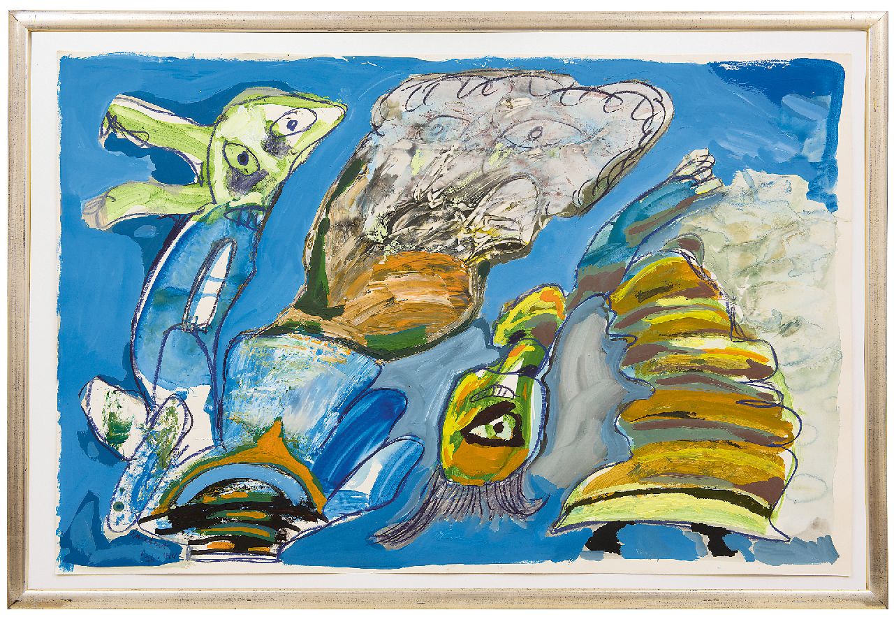 Lucebert (Lubertus Jacobus Swaanswijk)   | Lucebert (Lubertus Jacobus Swaanswijk) | Aquarelle und Zeichnungen zum Verkauf angeboten | Tänzer um die Donneralp, Kreide, Gouache und Öl auf Papier 64,3 x 99,3 cm, Unterzeichnet u.l und datiert '76.VIII