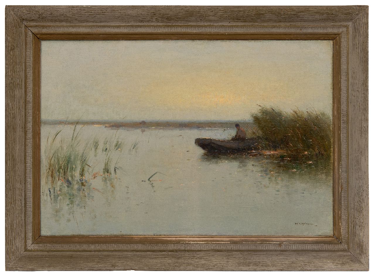 Knikker A.  | Aris Knikker | Gemälde zum Verkauf angeboten | Polderlandschaft mit einem Fischer im Lastkahn, Öl auf Leinwand 40,2 x 60,2 cm, Unterzeichnet u.r.