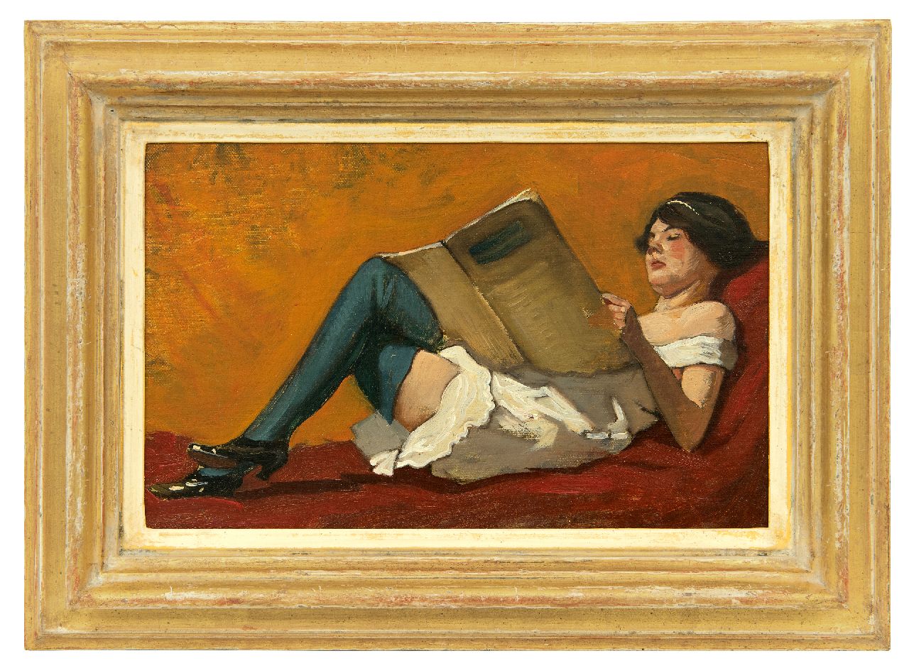 Houbolt E.  | 'Eduard' Johannes Fredericus Houbolt, Lesendes Mädchen auf einer Couch, Öl auf Leinwand auf Holz 18,8 x 29,9 cm
