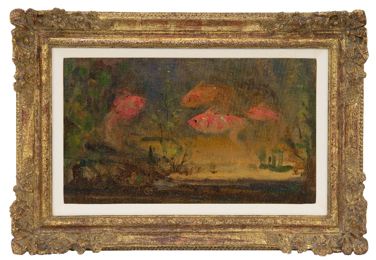 Dijsselhof G.W.  | Gerrit Willem Dijsselhof | Gemälde zum Verkauf angeboten | Schleierschwanzfischen, Öl auf Leinwand  auf Holzfaser 19,1 x 31,6 cm, Unterzeichnet u.l. mit Monogramm