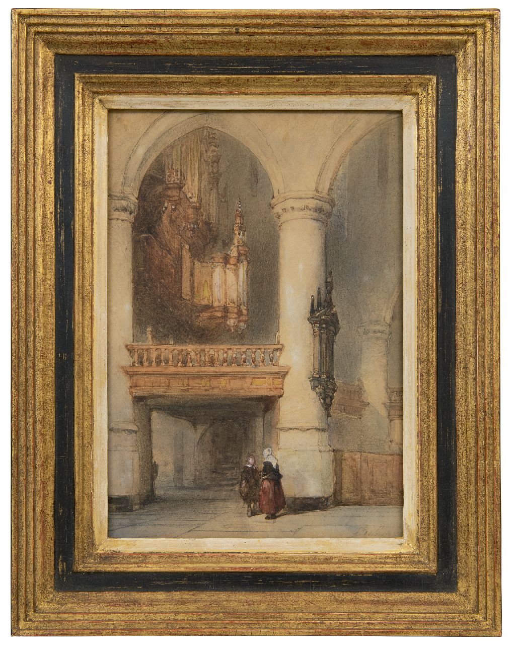 Bosboom J.  | Johannes Bosboom, Innenraum der Oude kerk in Delft, Kreide und Aquarell auf Papier 28,2 x 19,5 cm, Unterzeichnet u.r. und zu datieren um 1855