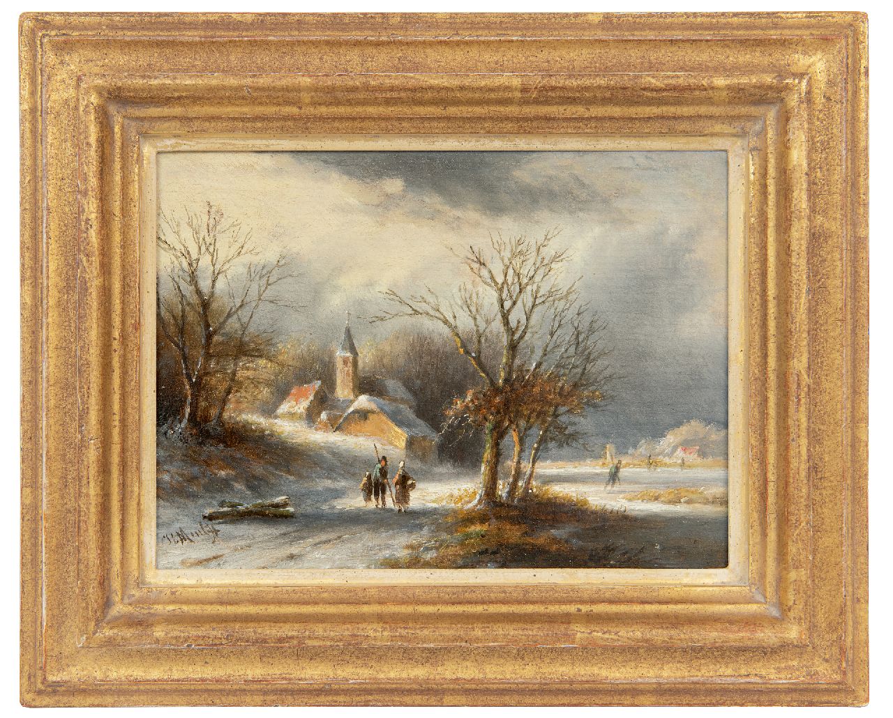 Morel II J.E.  | Jan Evert Morel II | Gemälde zum Verkauf angeboten | Schneelandschaft mit Schlittschuhläufern und Wanderern, Öl auf Holz 16,0 x 21,5 cm, Unterzeichnet u.l.
