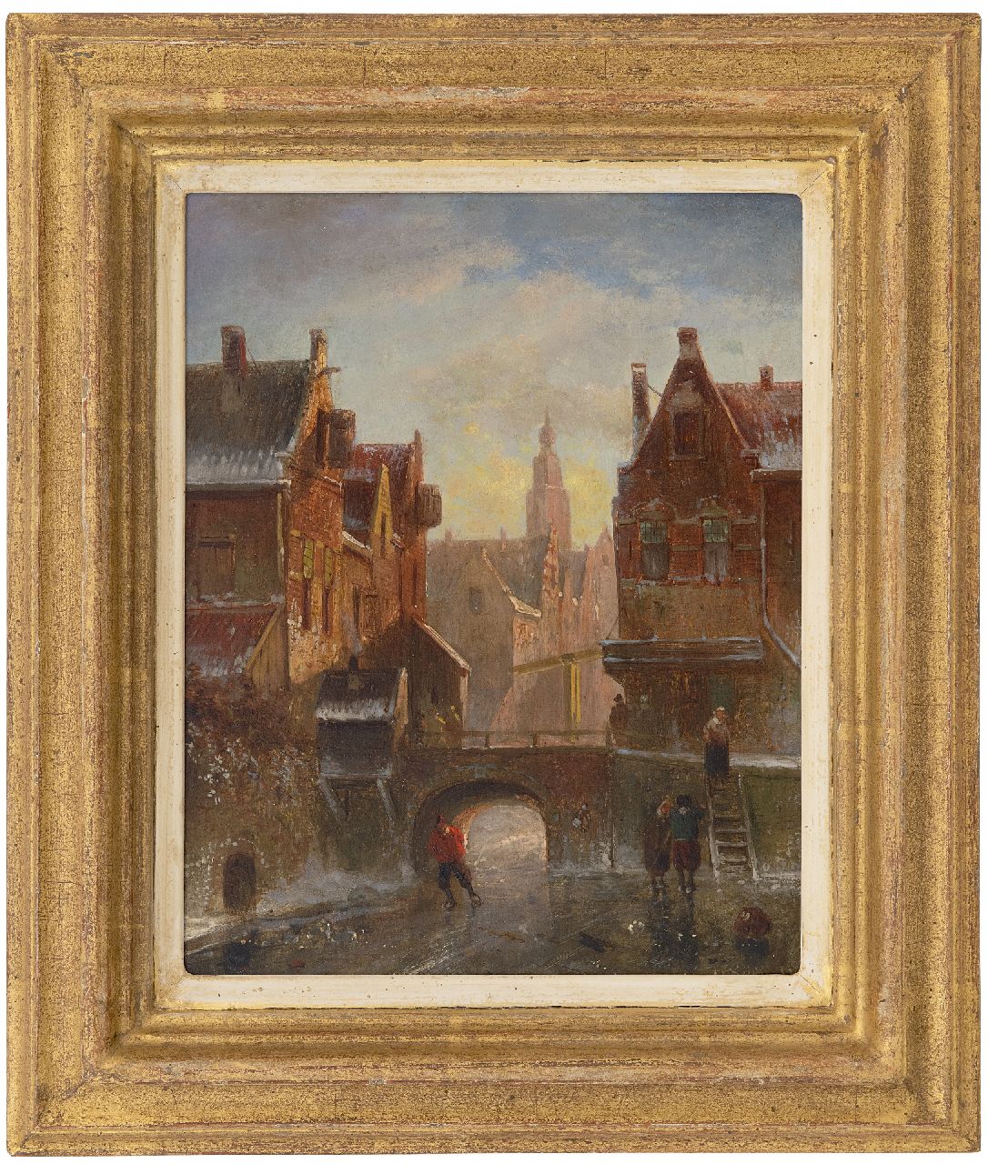 Leickert C.H.J.  | 'Charles' Henri Joseph Leickert, Winterstadtbild mit Figuren auf dem Eis, Öl auf Holz 25,1 x 19,8 cm, Unterzeichnet u.r.