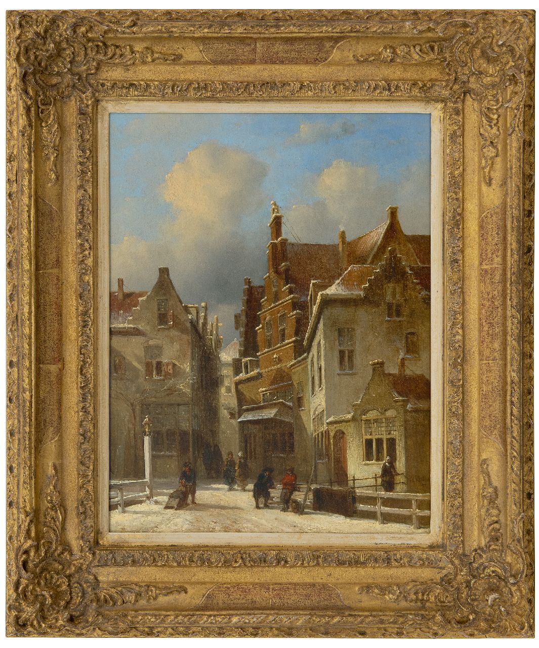 Vertin P.G.  | Petrus Gerardus Vertin | Gemälde zum Verkauf angeboten | Verschneite Stadtansicht mit Figuren auf einer Brücke, Öl auf Holz 35,0 x 27,1 cm, Unterzeichnet u.r. und datiert '43