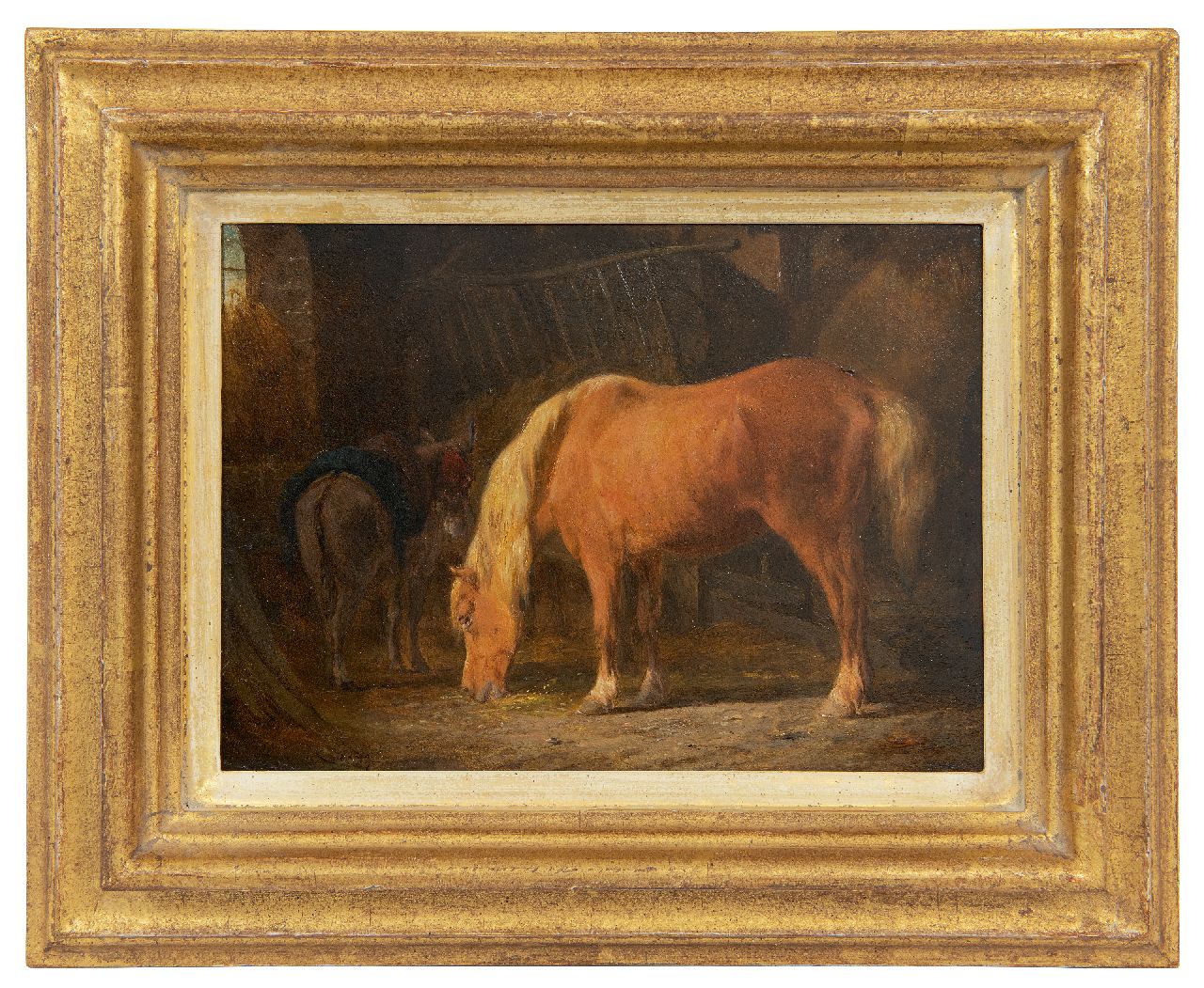 Os P.F. van | Pieter Frederik van Os | Gemälde zum Verkauf angeboten | Pferd und Esel im Stall, Öl auf Holz 16,3 x 22,4 cm, Unterzeichnet u.l.