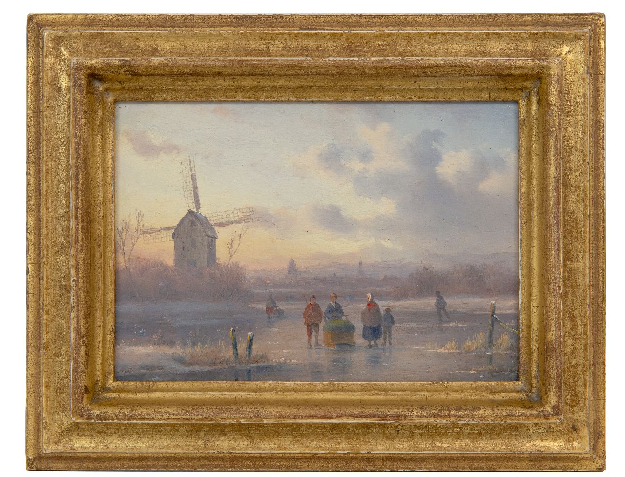 Ahrendts C.E.  | Carl Eduard Ahrendts | Gemälde zum Verkauf angeboten | Figuren auf einem zugefrorenen Fluss bei Sonnenuntergang, Öl auf Holz 14,7 x 21,0 cm