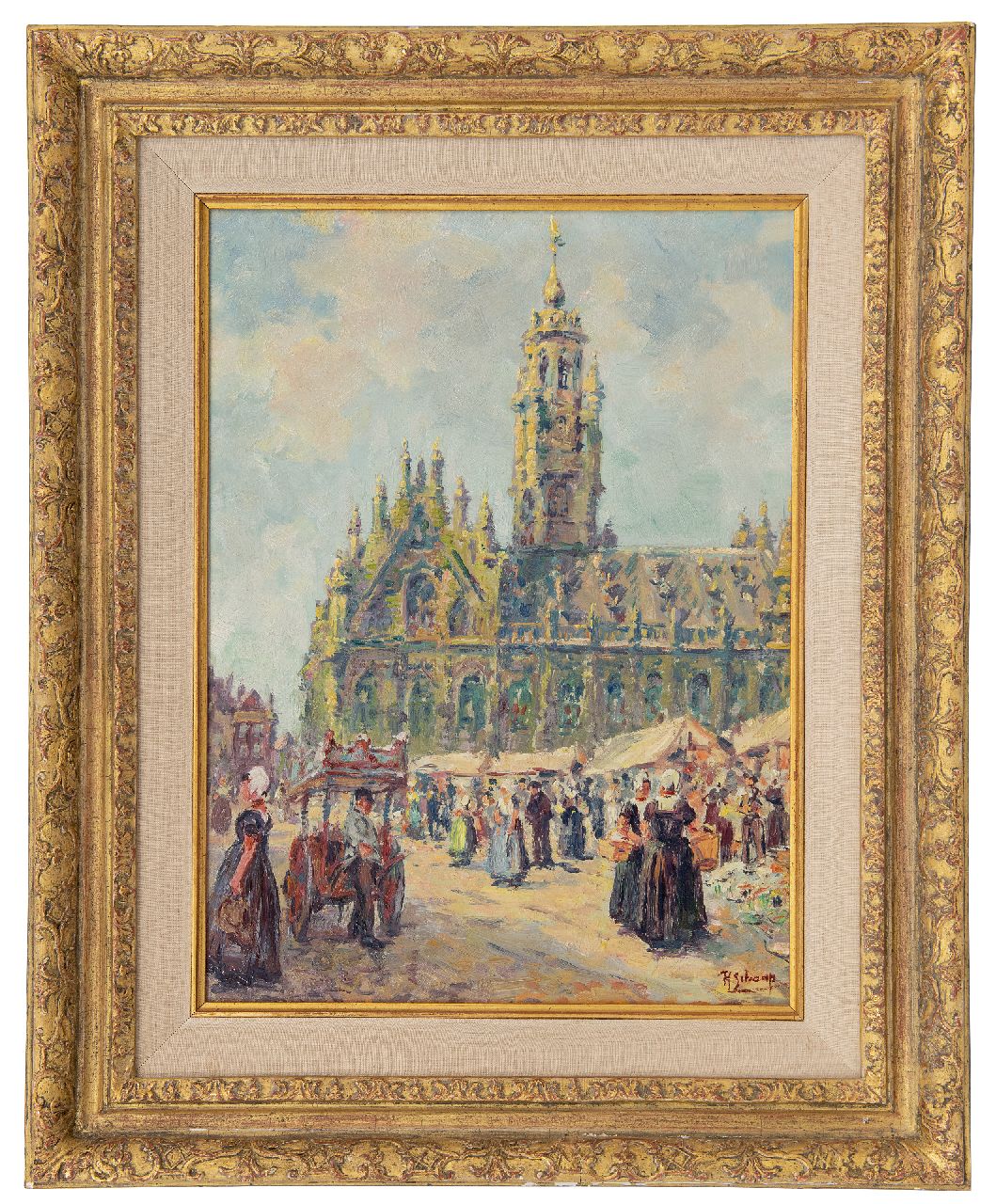 Schaap H.  | Hendrik Schaap | Gemälde zum Verkauf angeboten | Markt am Rathaus von Middelburg, Öl auf Malereifaser 40,7 x 30,8 cm, Unterzeichnet u.r.