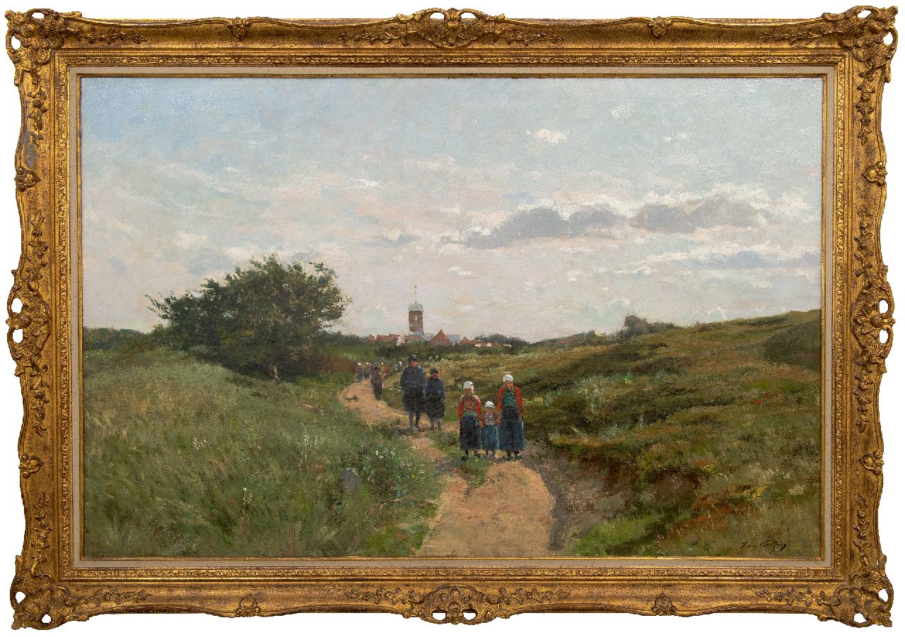 Courtens F.  | Franz Courtens | Gemälde zum Verkauf angeboten | Fantastische Aussicht auf die Insel Marken mit Kirchgängern auf dem Heimweg, Öl auf Leinwand 88,4 x 136,3 cm, Unterzeichnet u.r.