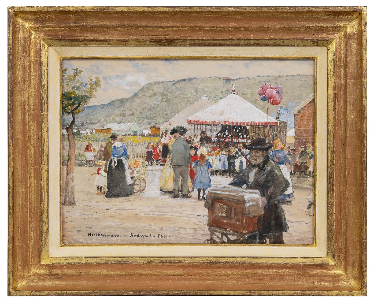 Hermann H.E.R.  | Hans Emil Rudolf Hermann | Aquarelle und Zeichnungen zum Verkauf angeboten | Jahrmarkt in Andernach am Rhein, Aquarell und Gouache auf Papier 26,8 x 36,3 cm, Unterzeichnet u.l.