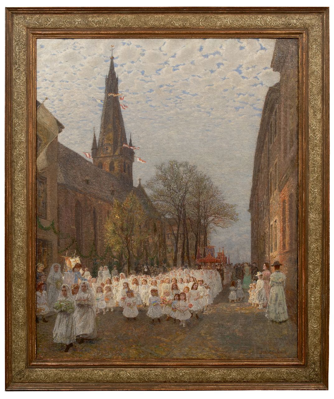 Ritzenhofen H. | Hubert Ritzenhofen | Gemälde zum Verkauf angeboten | Prozession neben der Kirche St. Lambertus in Düsseldorf, Öl auf Leinwand 116,9 x 96,0 cm, Unterzeichnet u.r. und am Rückseite auf dem Etikett und datiert '09 Ritzenhofen H. | Hubert Ritzenhofen | Gemälde zum Verkauf angeboten | Prozession neben der Kirche St. Lambertus in Düsseldorf, Öl auf Leinwand 116,9 x 96,0 cm, Unterzeichnet u.r. und am Rückseite auf dem Etikett und datiert '09