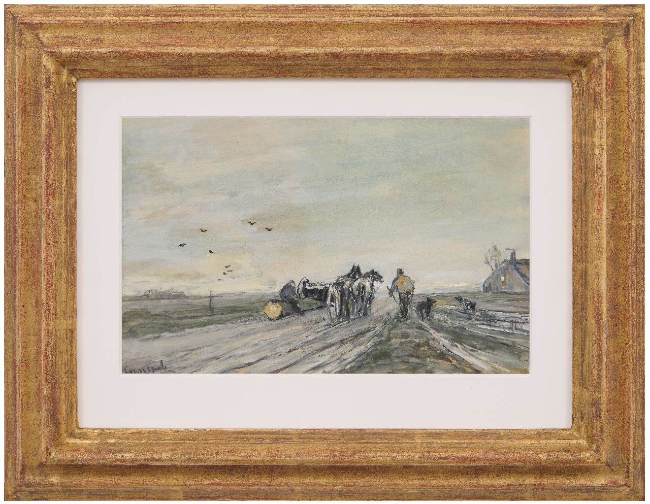 Apol L.F.H.  | Lodewijk Franciscus Hendrik 'Louis' Apol | Aquarelle und Zeichnungen zum Verkauf angeboten | Winterlandschaft Langholzwagen, Aquarell und Gouache auf Papier 15,7 x 24,7 cm, Unterzeichnet u.l.