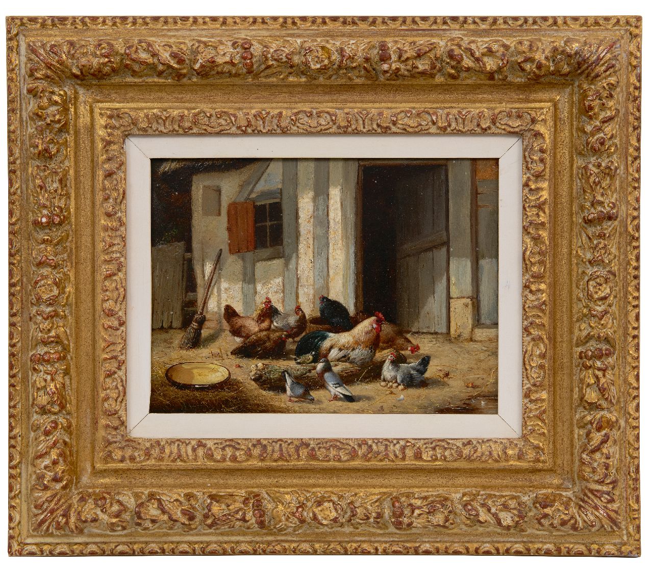 Maes E.R. | Eugène Remy Maes, Hahn und Hühner auf dem Hof, Öl auf Holz 17,8 x 24,0 cm, 1860 Maes E.R. | Eugène Remy Maes, Hahn und Hühner auf dem Hof, Öl auf Holz 17,8 x 24,0 cm, 1860