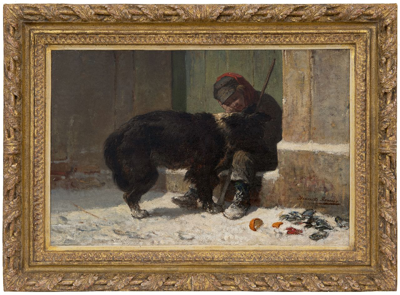 Ronner-Knip H.  | Henriette Ronner-Knip | Gemälde zum Verkauf angeboten | Junge mit seinem Hund im Schnee, Öl auf Leinwand 37,5 x 56,4 cm, Unterzeichnet u.r.