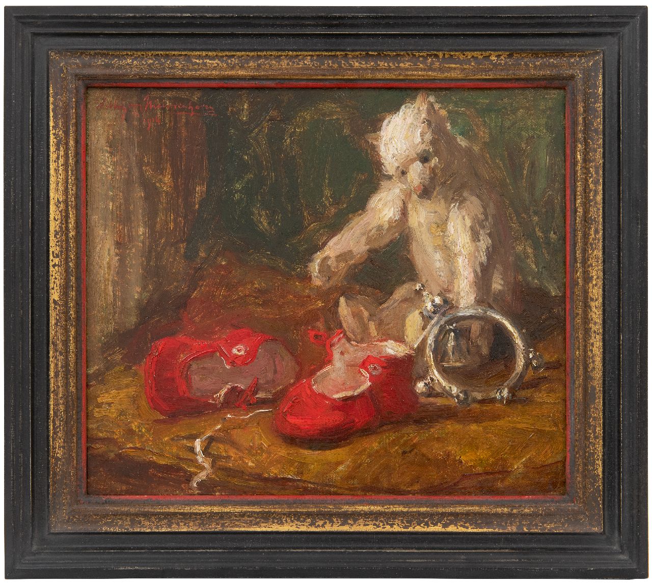 Nieuwenhoven W. van | Willem van Nieuwenhoven | Gemälde zum Verkauf angeboten | Stillleben mit Bär und roten Kinderschuhen, Öl auf Leinwand 30,0 x 35,9 cm, Unterzeichnet o.l. und datiert 1914