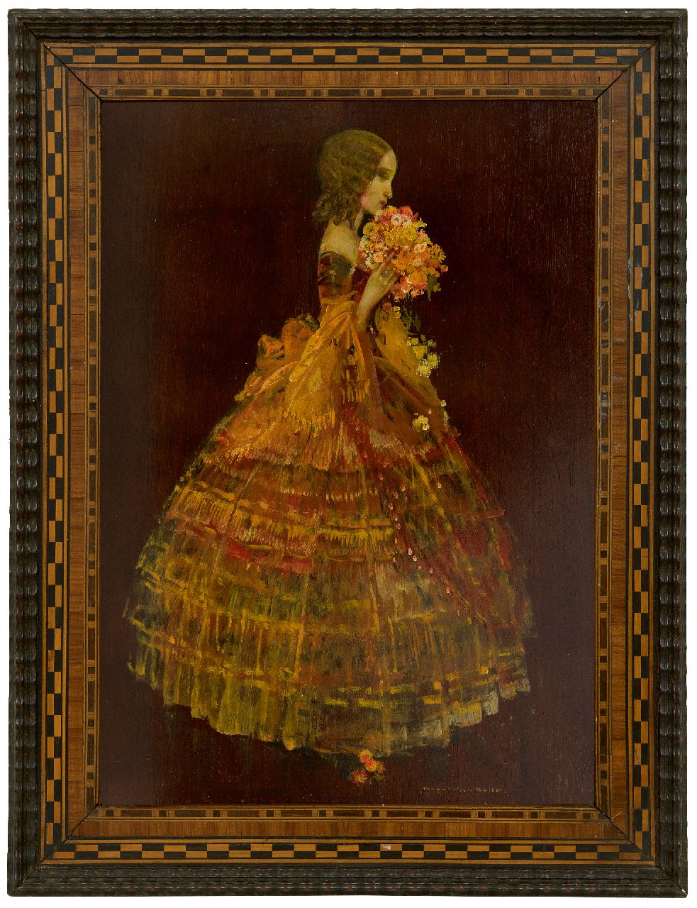 Belle K. van | Karel van Belle | Gemälde zum Verkauf angeboten | Frau im gelben Ballkleid, Öl auf Holz 41,8 x 29,6 cm, Unterzeichnet u.r.